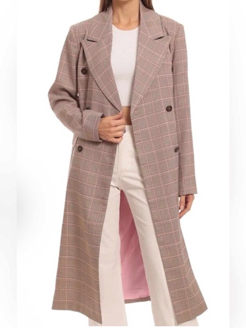 Avec Les Filles Womens Double Breast Plaid Long Trench Coat Brown/ Pink Sz 6 NWT